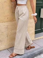 Beige maternity wide-leg trousers with drawstring and lace trim detail