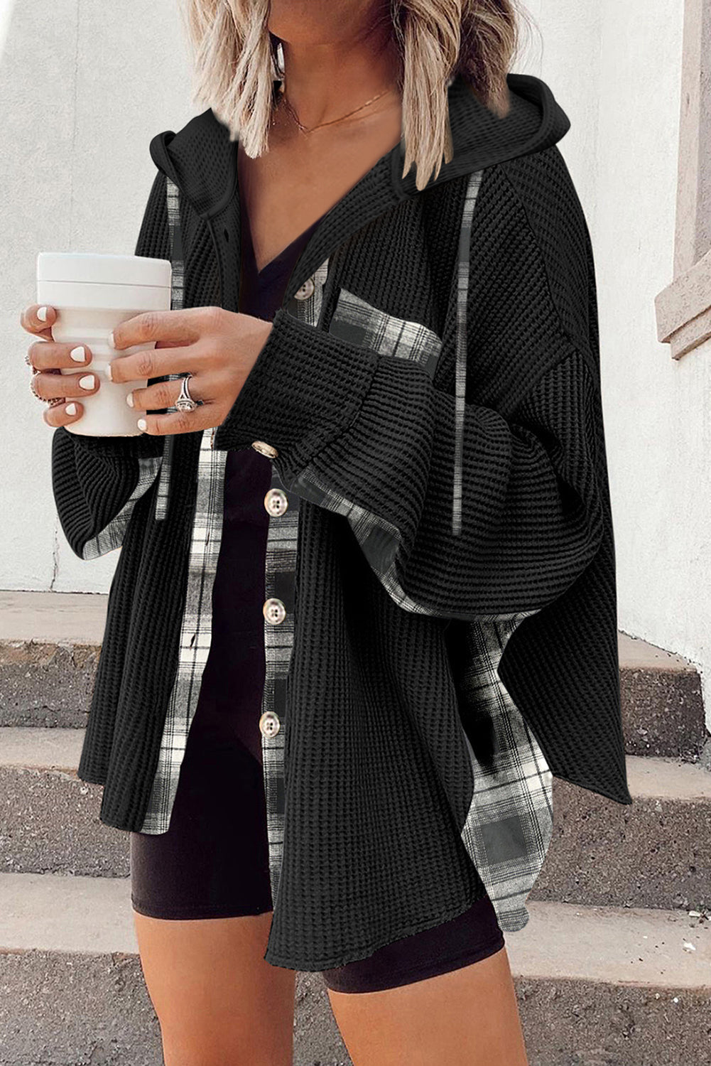 Black waffle knit shacket with plaid trim and hood, button front detail