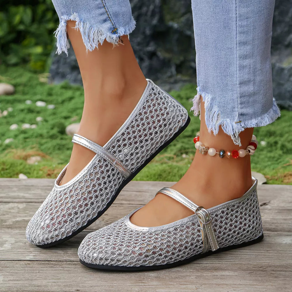 Silver mesh Mary Jane flats with strap detail and ankle bracelet