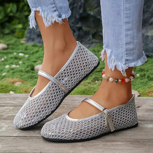 Silver mesh Mary Jane flats with strap detail and ankle bracelet