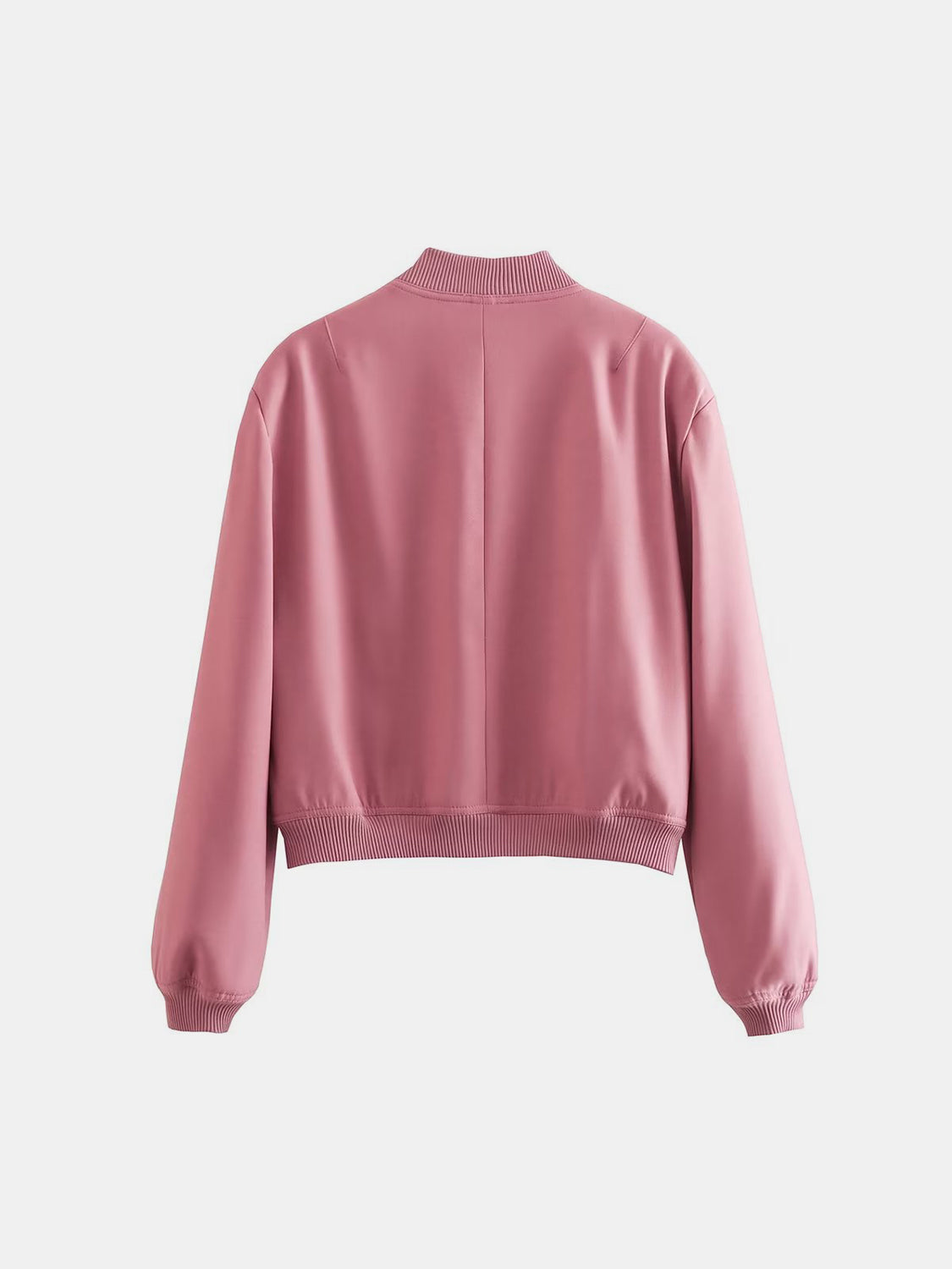 Boxy bomber jacket in Dusty Pink with ribbed collar, cuffs, and hem.