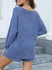 Dusty blue ribbed knit lounge set with long sleeves and shorts.