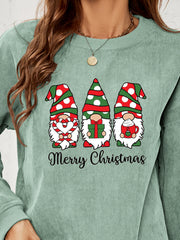 Sage corduroy sweatshirt with Christmas gnomes and Merry Christmas text.
