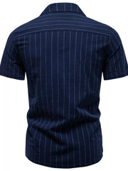 Navy striped short-sleeve cotton shirt with camp collar and button front.