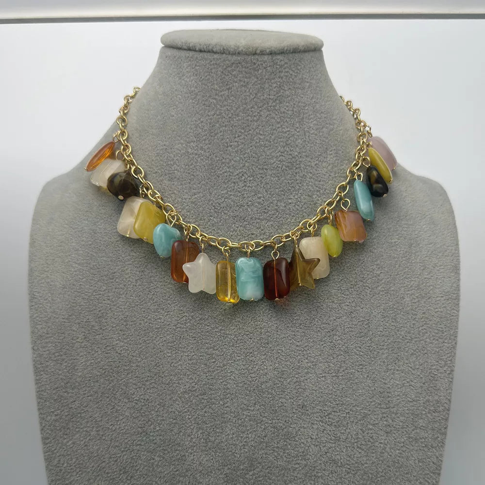 Bohemian Multi-color Gemstone 18k Gold-plated Necklace in Gold, fabric detail