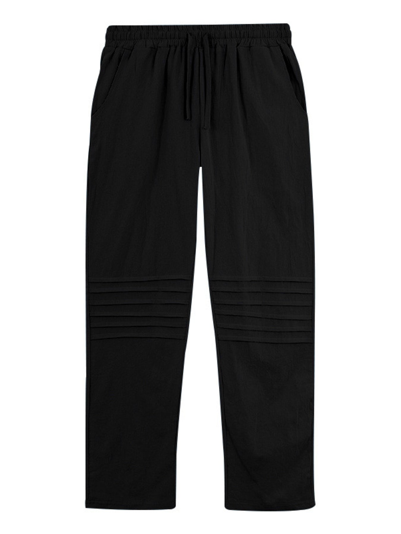 Black linen-blend drawstring sweatpants for men with pleated detail on legs.