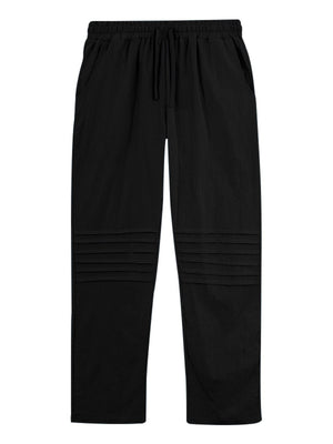 Black linen-blend drawstring sweatpants for men with pleated detail on legs.