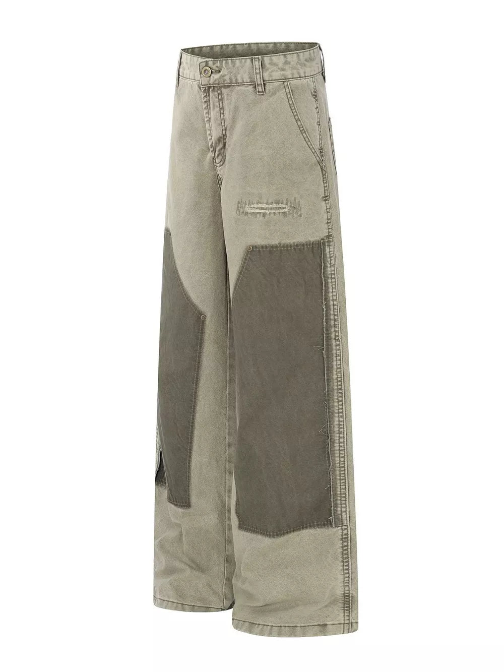 Two-tone wide-leg cargo pants in khaki and green with distressed details and patchwork.