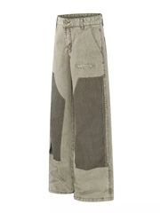 Two-tone wide-leg cargo pants in khaki and green with distressed details and patchwork.