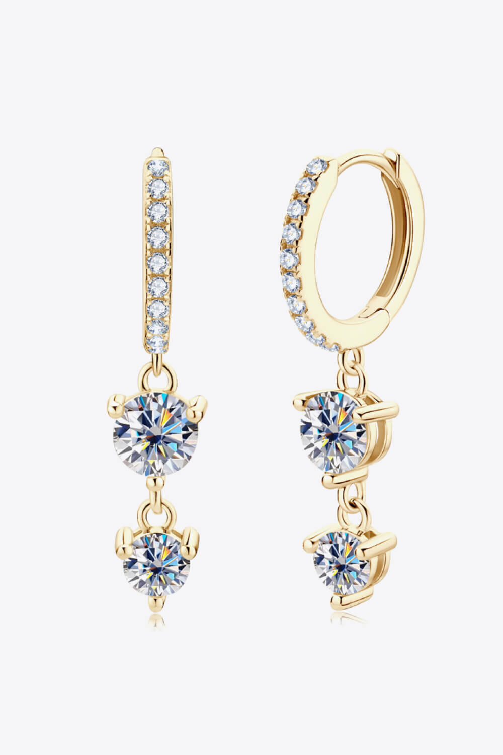 Gold moissanite hoop earrings with cascading diamond accents and dangling stones.