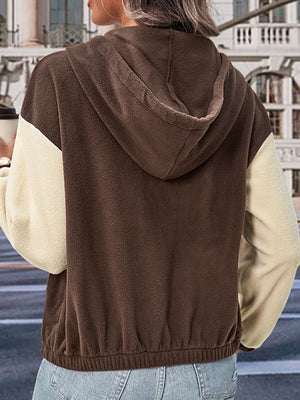 Two-tone coffee brown and cream fleece zip-up hoodie with elastic hem.