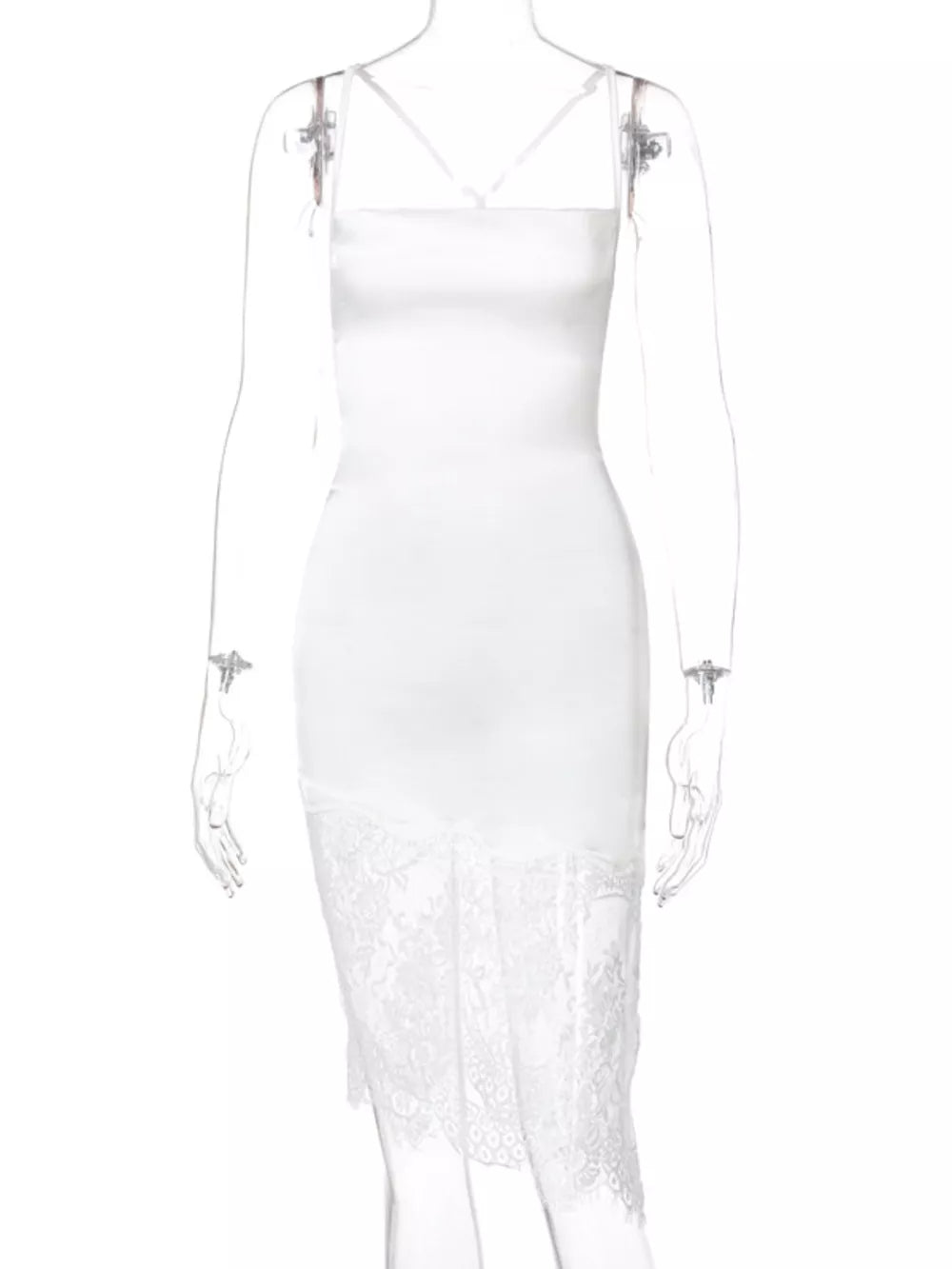 White satin slip dress with lace trim hem and cowl neck.