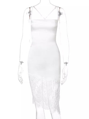 White satin slip dress with lace trim hem and cowl neck.