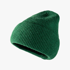 Dark Green ribbed knit slouch beanie with a cuffed hem.