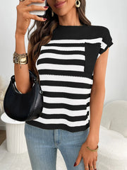 Striped knit pocket tee in black and white with a mock neckline and cap sleeves.