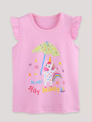 Pink cotton toddler t-shirt with ruffled cap sleeves and a unicorn graphic holding an umbrella.