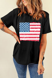 Black cotton t-shirt with a distressed American flag graphic and torn edges.