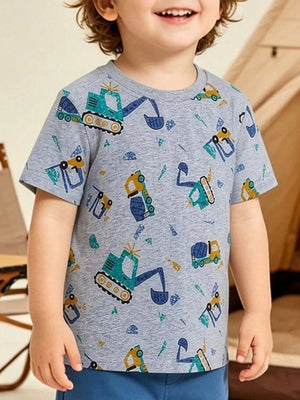 Toddler grey cotton crew neck t-shirt with all-over excavator print.