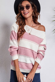 Blush pink and white striped off-shoulder sweater with perforated details.