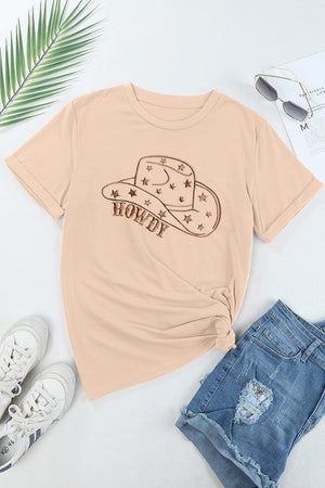 Tan graphic t-shirt with a cowboy hat and stars design that says Howdy.