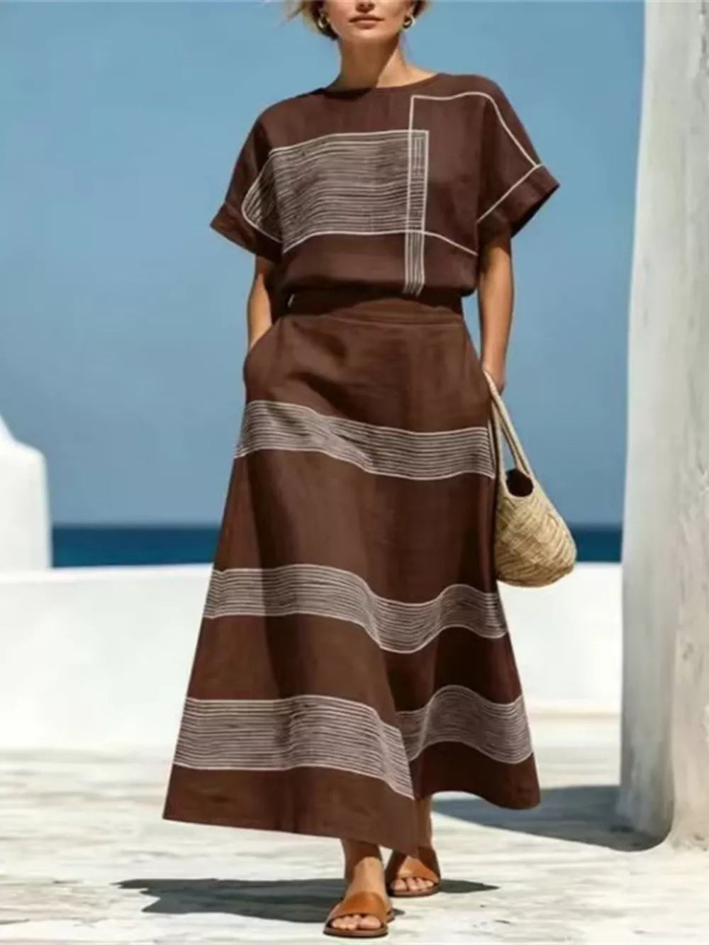 Full Size Striped Round Neck Top And Skirt Set, fabric detail