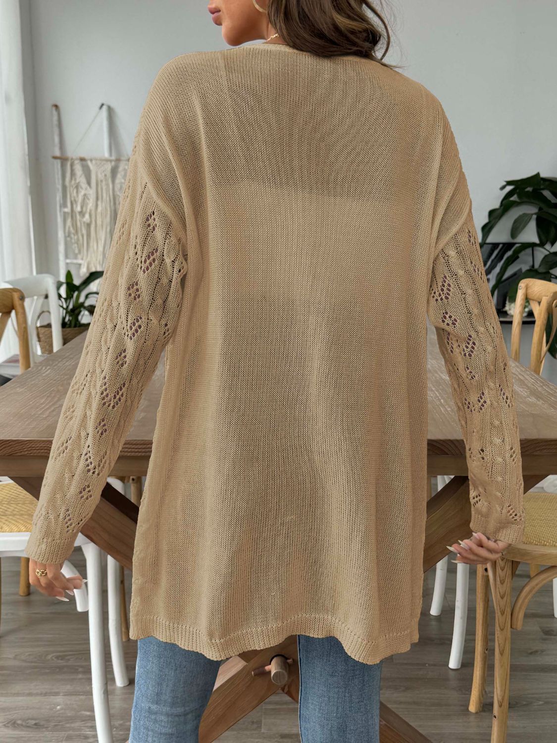 Khaki openwork diamond knit duster cardigan with long sleeves and open front.