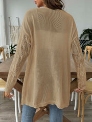 Khaki openwork diamond knit duster cardigan with long sleeves and open front.