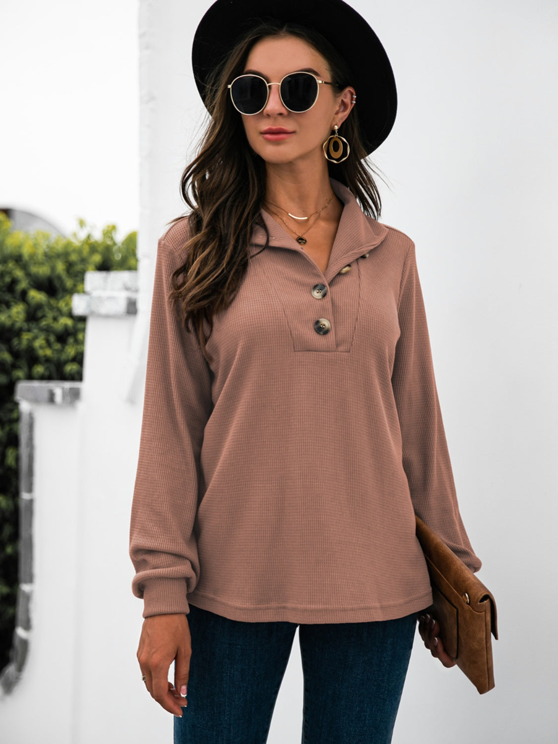 Button Chic Long Sleeve Tee in Dusty Pink with button detail and waffle knit texture.