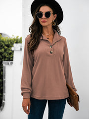 Button Chic Long Sleeve Tee in Dusty Pink with button detail and waffle knit texture.