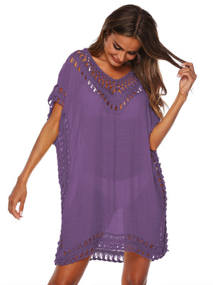 Purple kaftan cover-up with crochet trim neckline, sleeves, and hem