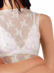 White sheer lace mock neck tank top with floral pattern, sleeveless.