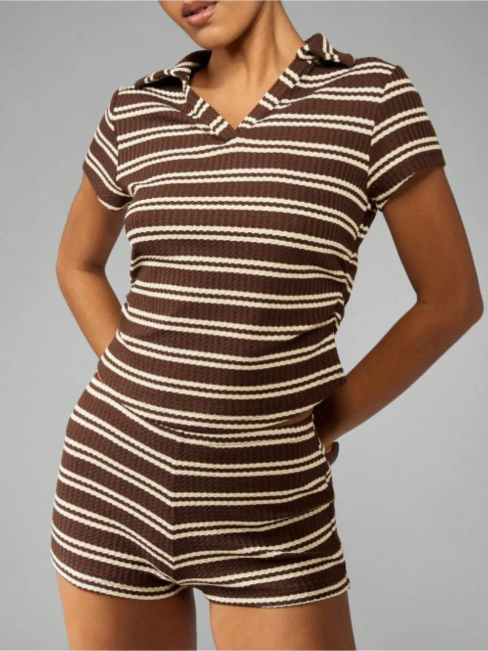 Chic striped knit two-piece set with polo collar top and shorts in Coffee Stripes.
