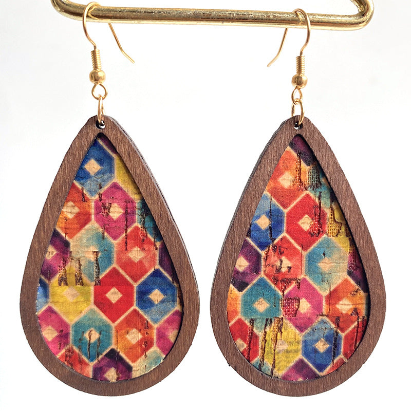 Cork & Stripe Teardrop Statement Earrings with colorful geometric pattern and wood frame.