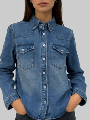 Classic blue denim overshirt with button-down front and chest pockets.