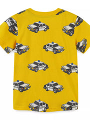 Yellow cotton blend crew neck t-shirt with a playful police car print for kids.