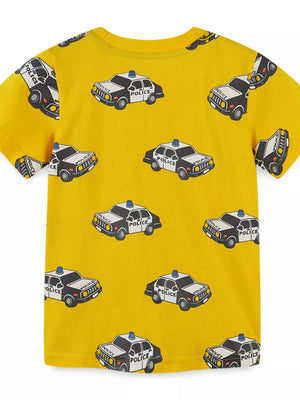 Yellow cotton blend crew neck t-shirt with a playful police car print for kids.