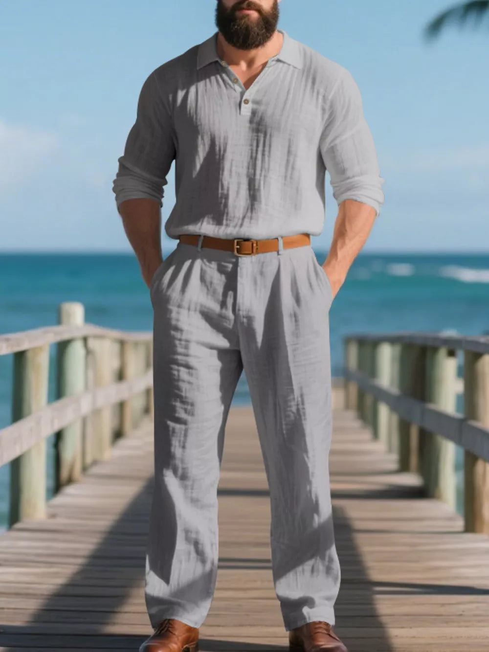 Grey linen blend long sleeve collared top and pants set for men, breathable and comfortable.