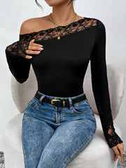Black lace trim one shoulder bodysuit with long sleeves and elegant lace details.