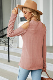 Dusty Pink textured cable knit cold shoulder long sleeve top