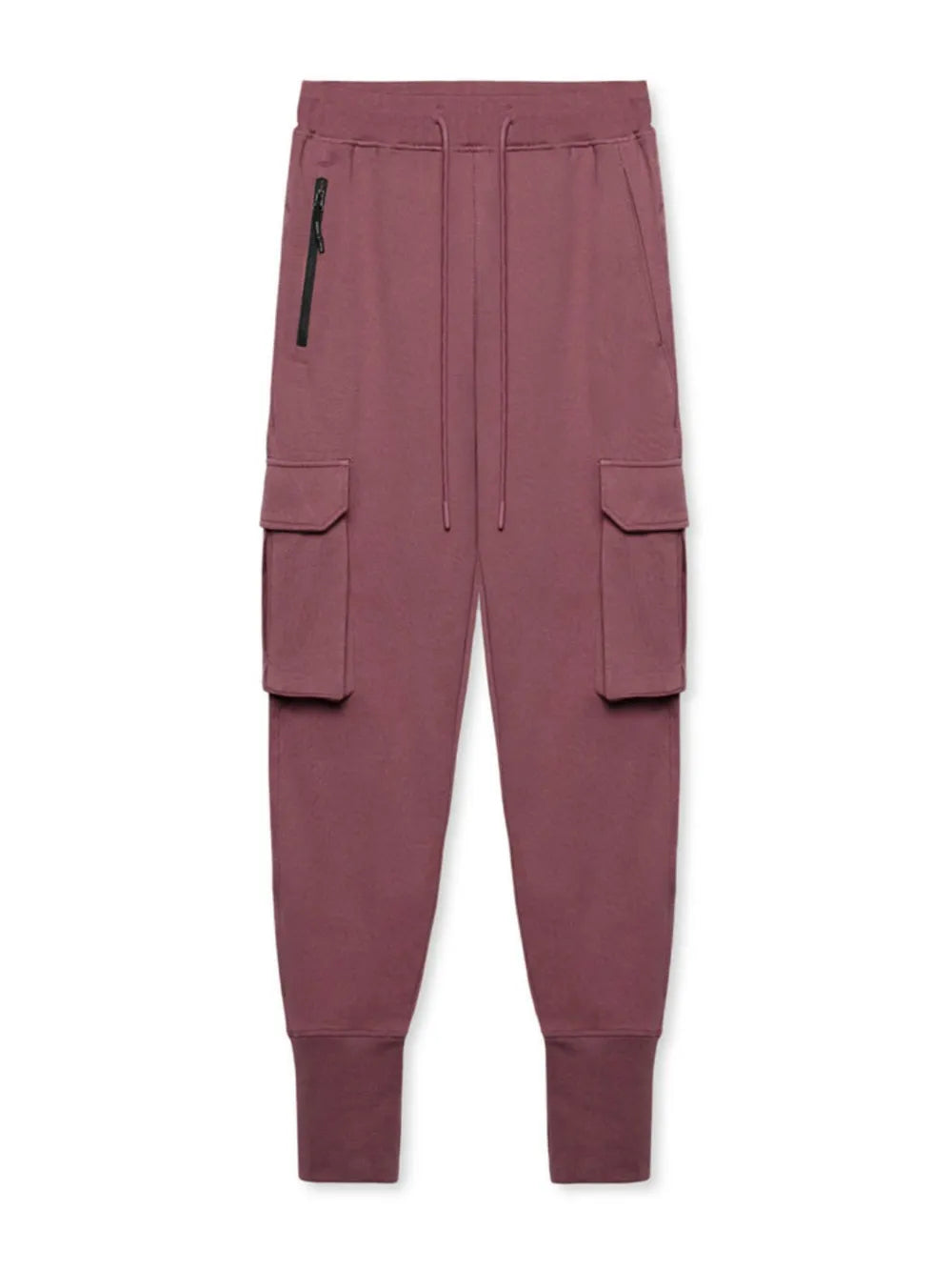 Dusty pink Tech-Knit cargo joggers with zip pocket and drawstring waist.