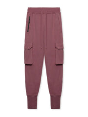 Dusty pink Tech-Knit cargo joggers with zip pocket and drawstring waist.