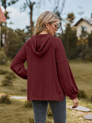 Textured knit hoodie in wine with balloon sleeves and cable pattern.