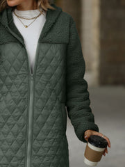 Army green quilted coat with teddy fleece sleeves and hood, full zip.
