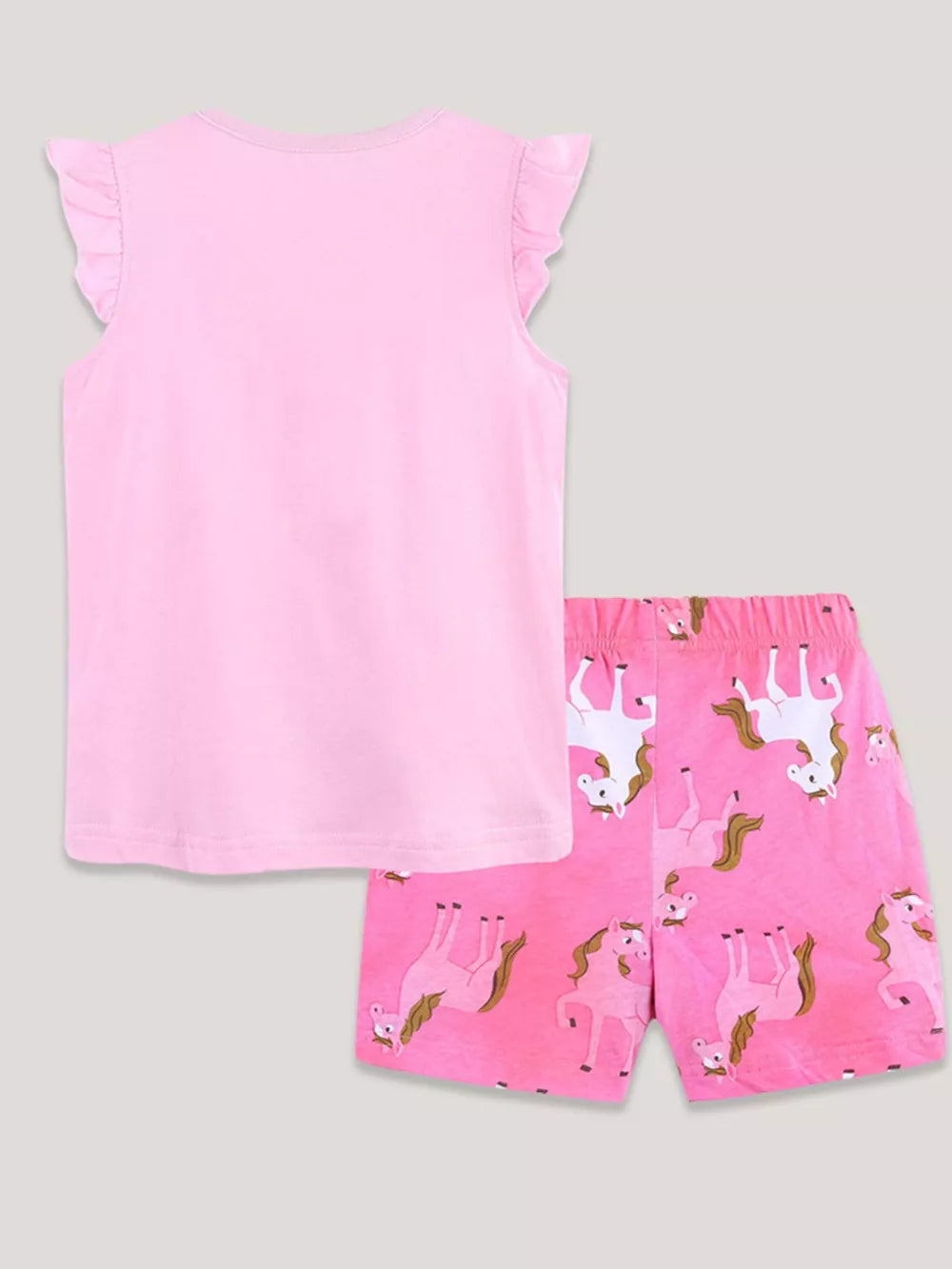 Pink cotton tank top with ruffled sleeves and horse print shorts.