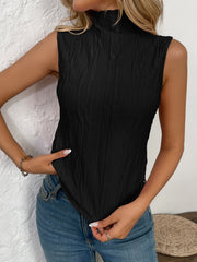 Black textured sleeveless mock neck top with a crinkled pattern