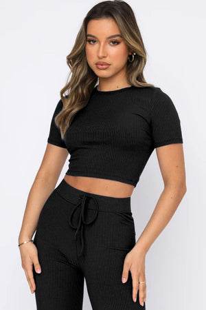 Black ribbed crop top and wide leg pants set with drawstring waist