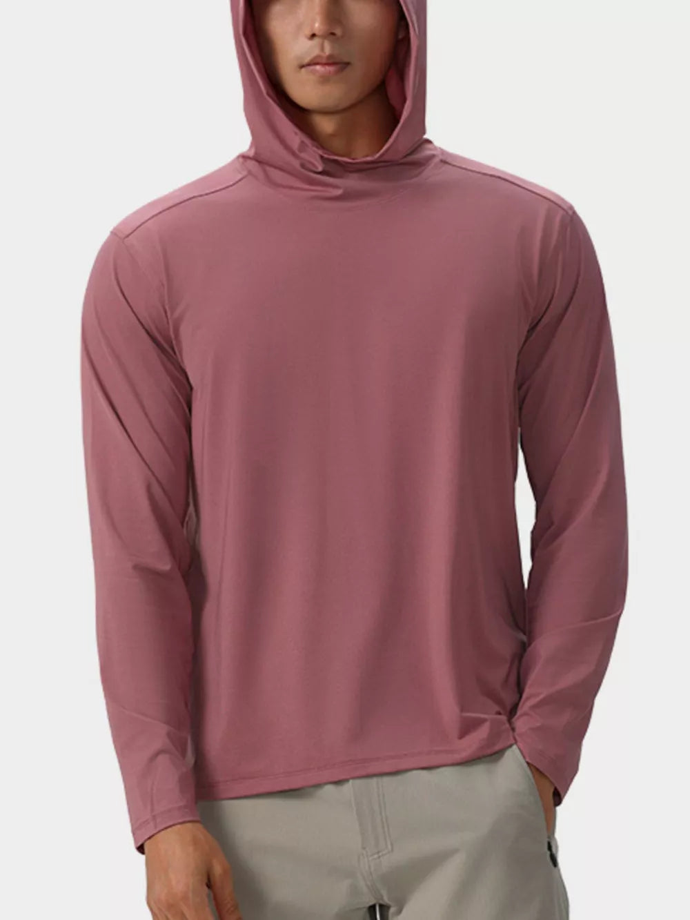 Men's dusty pink long sleeve cotton hoodie with a relaxed fit.