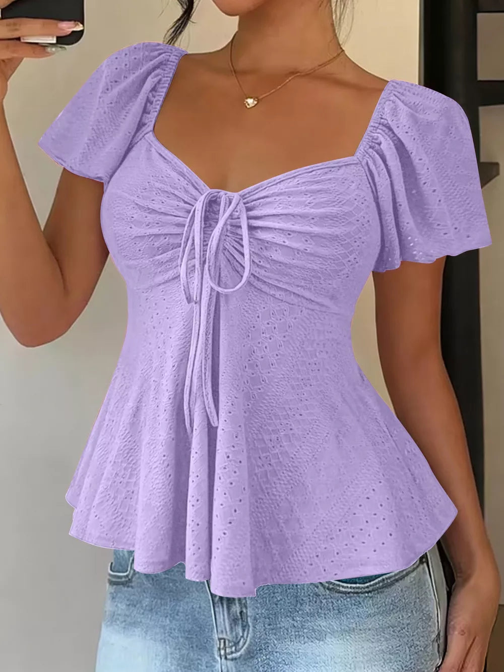 Ruched Flutter Sleeve Peplum Top in Yellow, product detail