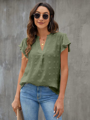 Sage textured voile blouse with flutter sleeves and V-neckline.
