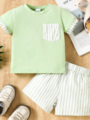 Light green cotton baby set with striped pocket tee and shorts